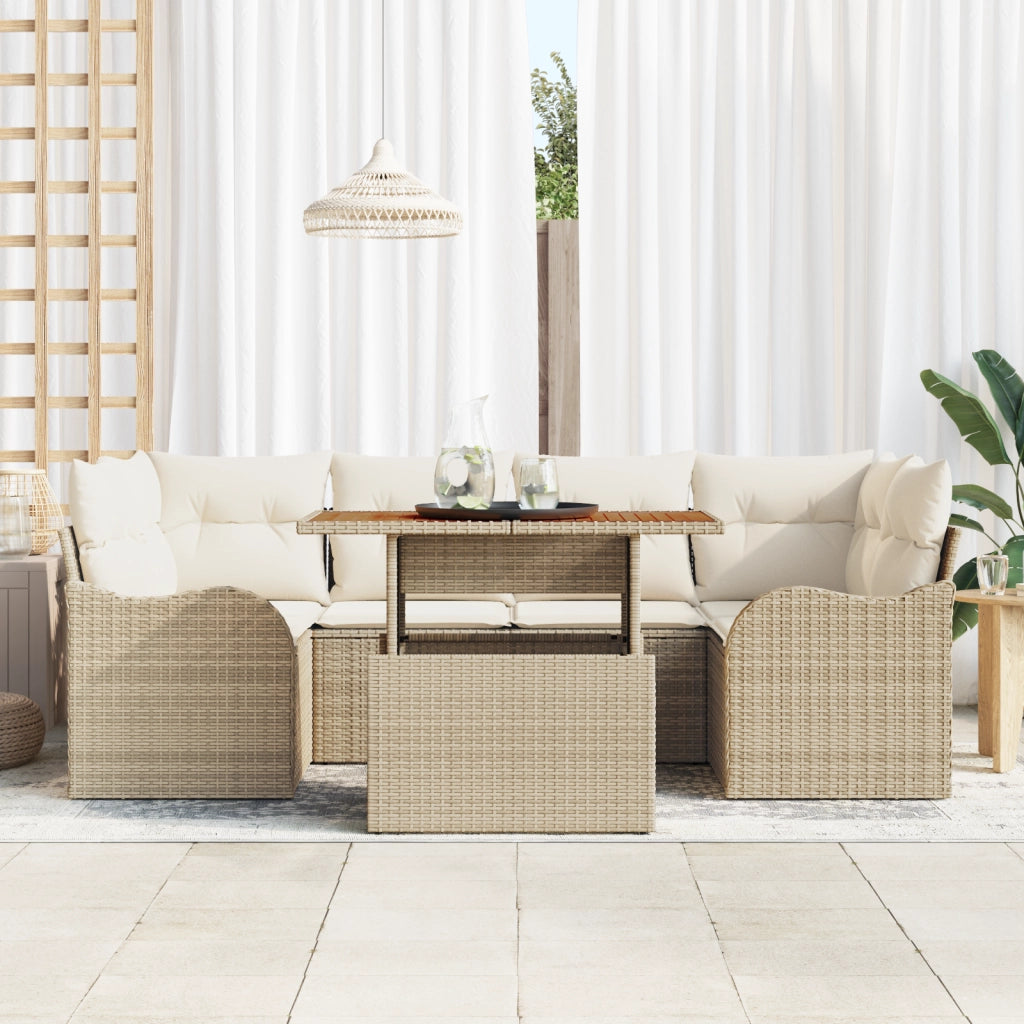 Set Divano da Giardino da 7 Pezzi con Cuscini Beige Polirattan