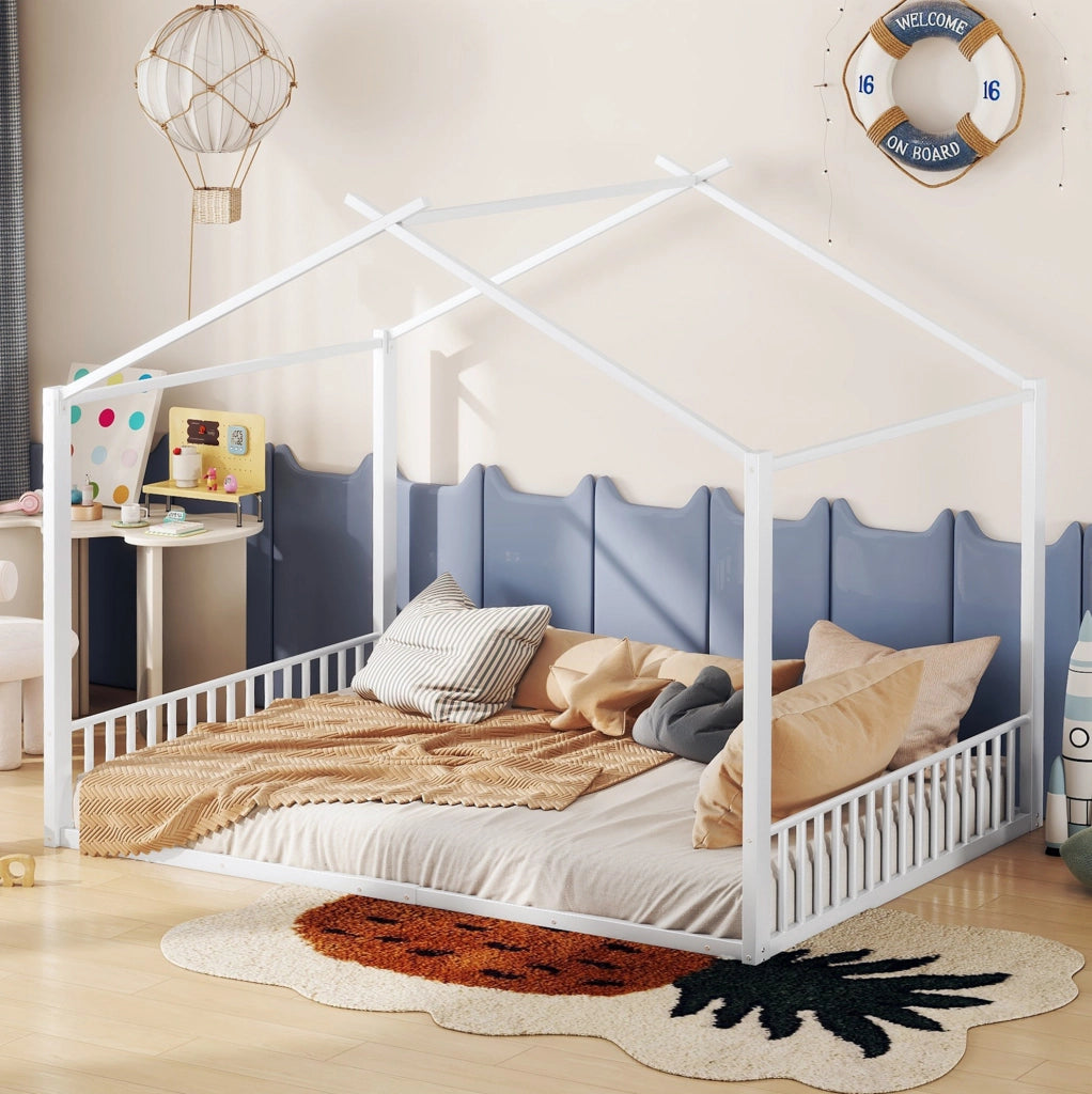 Letto a casetta 140x200 cm; struttura robusta in metallo; bianco (Senza materasso)