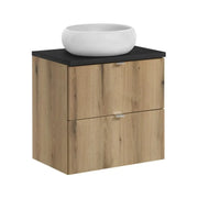 Set VANO in finitura quercia e nero 60cm: mobile sottolavabo con cassetti + piano per lavabo + lavabo da appoggio rotondo bianco