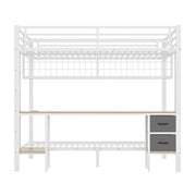 Letto a soppalco matrimoniale 140×200 cm con scrivania; cassetti; ripiani; LED e USB; senza materasso; bianco
