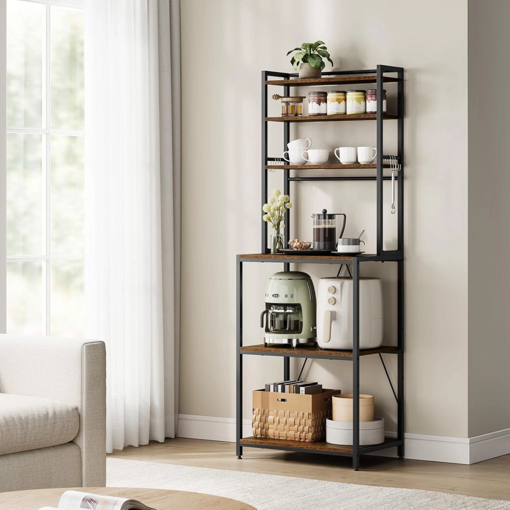 Scaffale da Cucina con 6 Ripiani, Scaffale per Microonde con 6 Ganci, Struttura in Metallo, Legno Ingegnerizzato, 60x40x167cm, Marrone Rustico+Nero