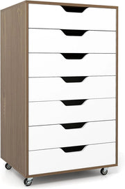 Cassettiera con 4 cassetti e 2 armadi, armadietto con ruote, in legno sotto scrivania, scrivania per stampante a casa e ufficio (bianco + naturale, 49 x 40 x 87 cm)