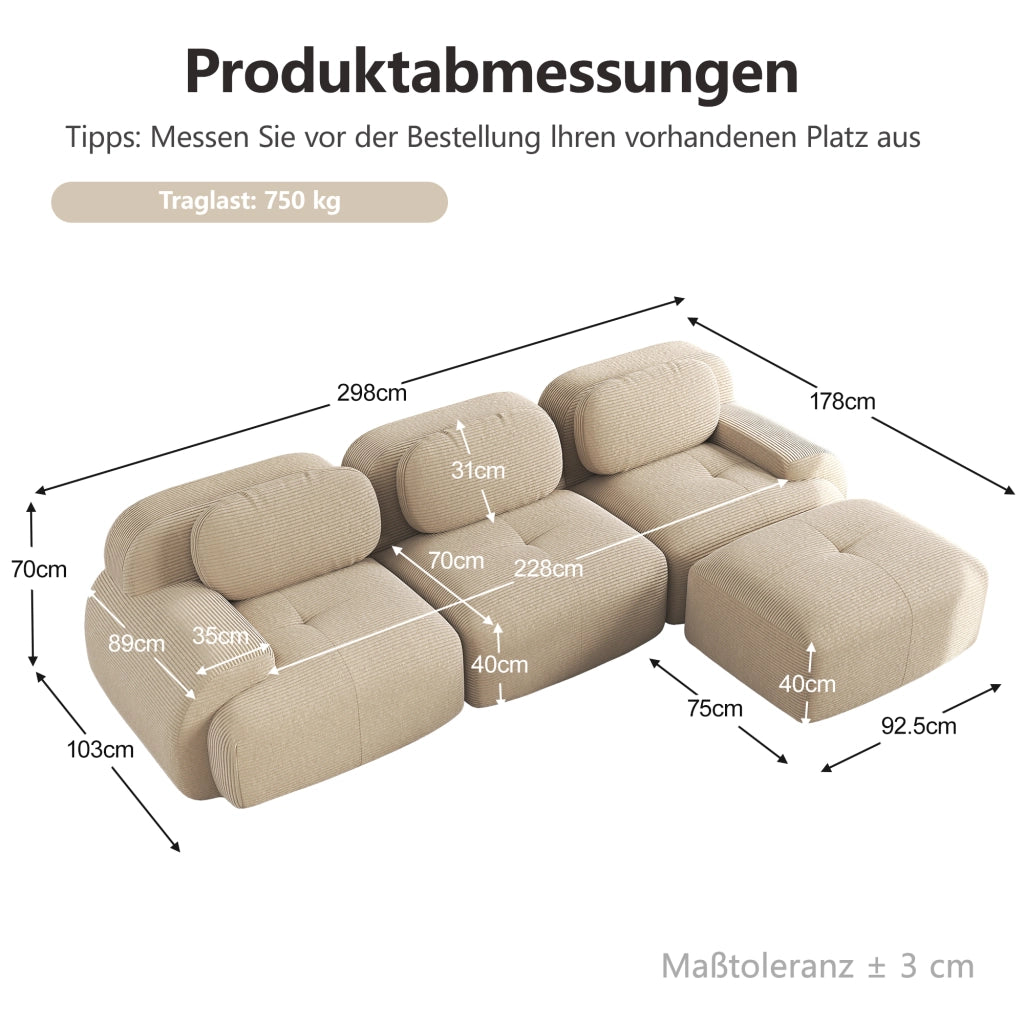 Divano angolare modulare in tessuto a coste beige con imbottitura 32D, senza montaggio e base antiscivolo