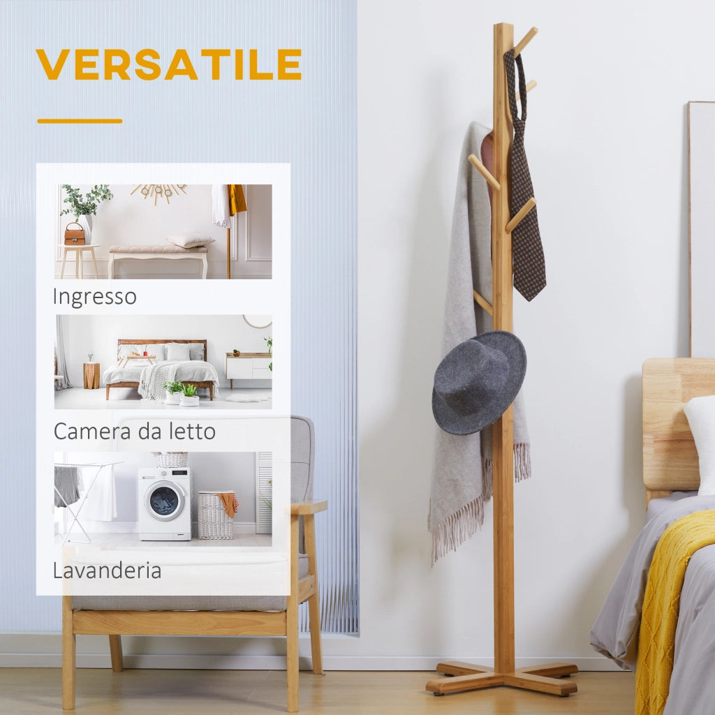 EasyComfort Appendi Abiti da Terra in Legno di bambù con 8 Ganci e Base a X, 49.5x 49.5x 178cm, Naturale