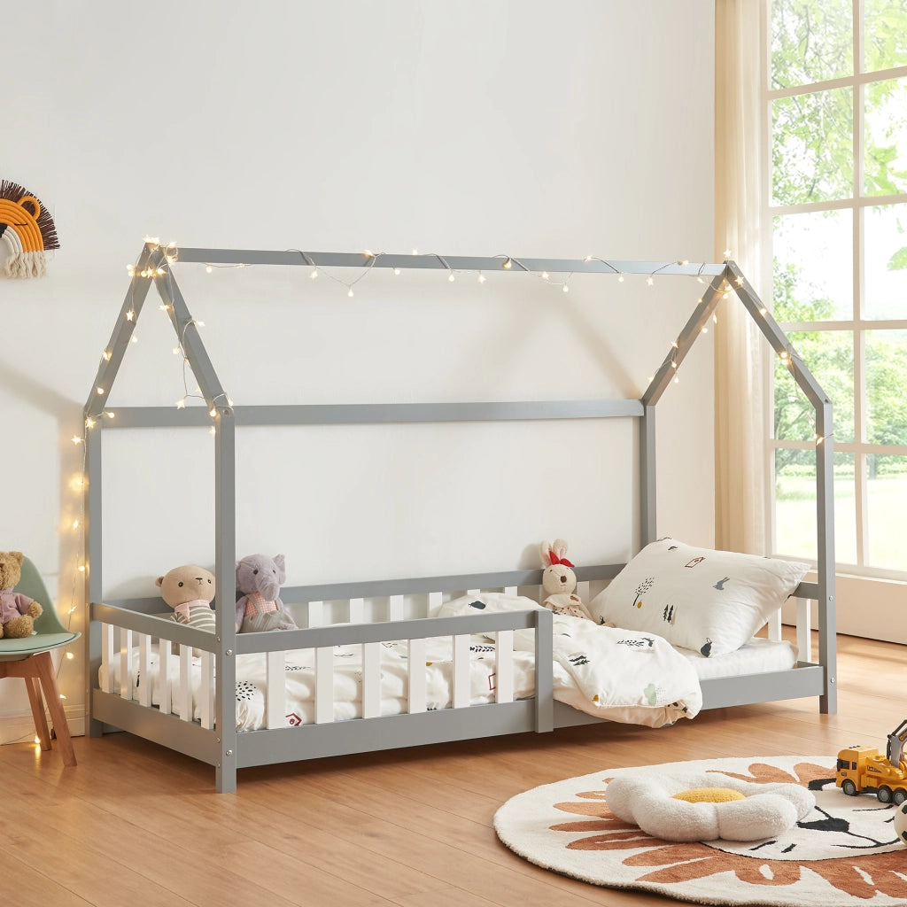 Letto Singolo Hesel per Cameretta a Forma di Casetta 90 x 200 cm Grigio [en.casa]