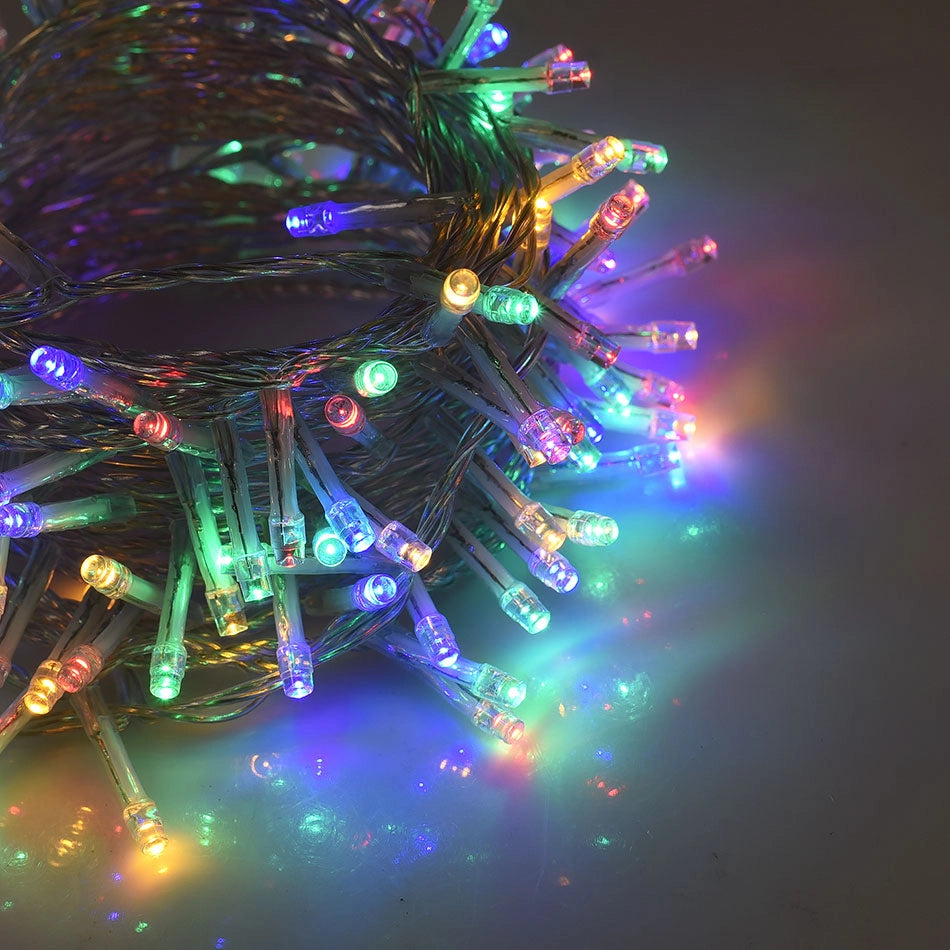 CATENA LUMINOSA LED 500 LUCI MULTICOLORE 25M CON CONTROLLER 8 FUNZIONI DI ILLUMINAZIONE CAVO TRASPARENTE IDEALE PER ESTERNO IP44
