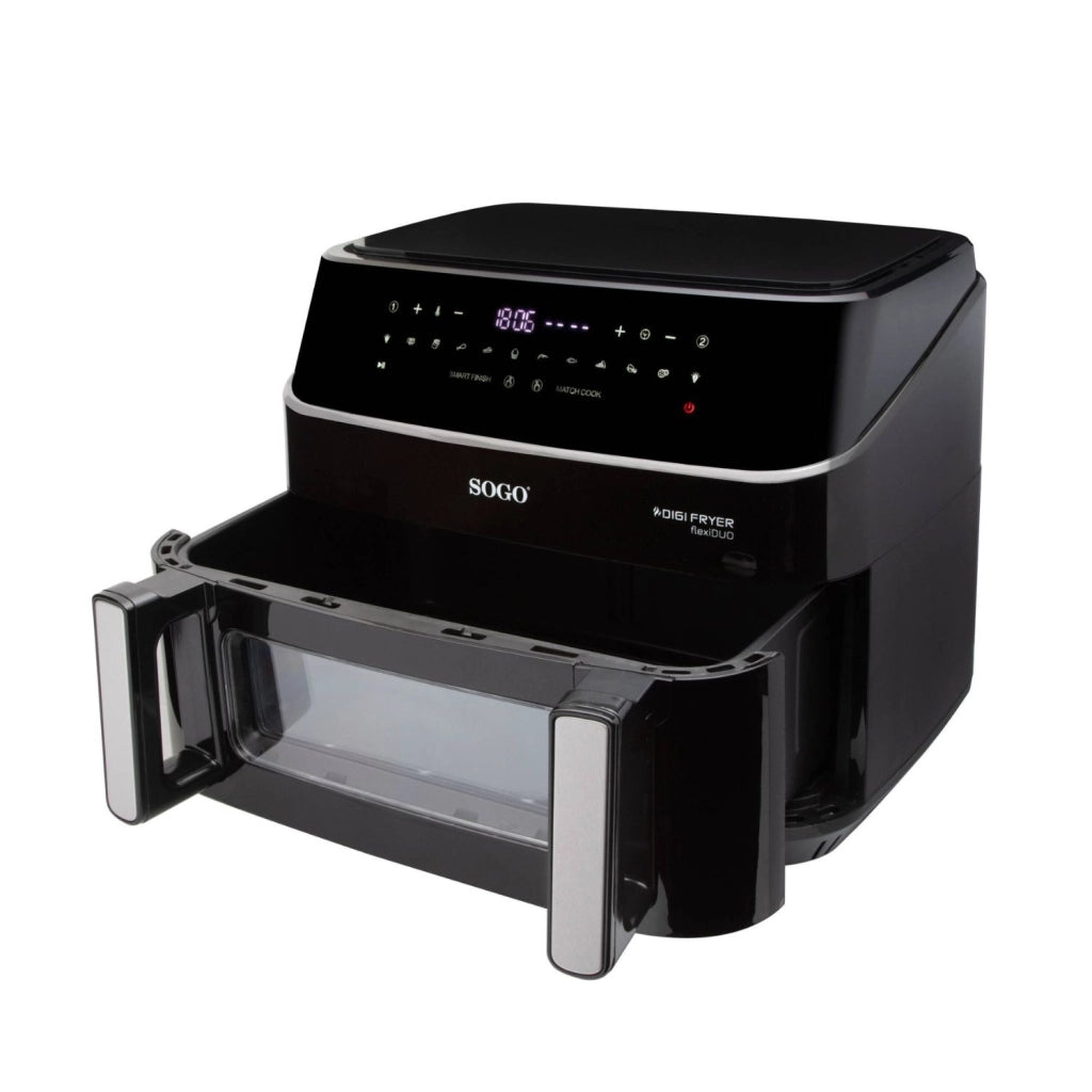 Friggitrice ad aria XXL 10,5L 2600W con doppia cottura Smart Finish e Match Cook, finestra e display touch, per cucina senza olio - Sogo