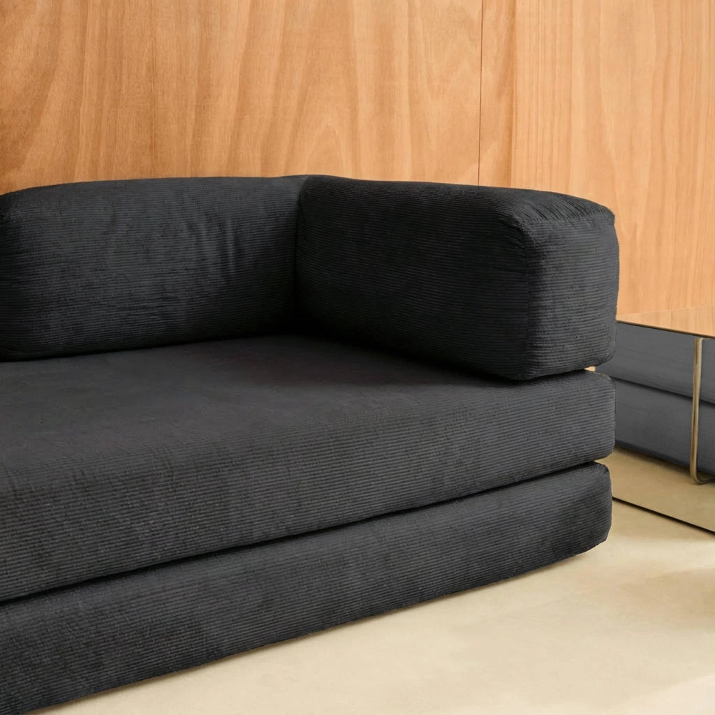 Divano letto futon in velluto a coste e struttura cromata, antracite