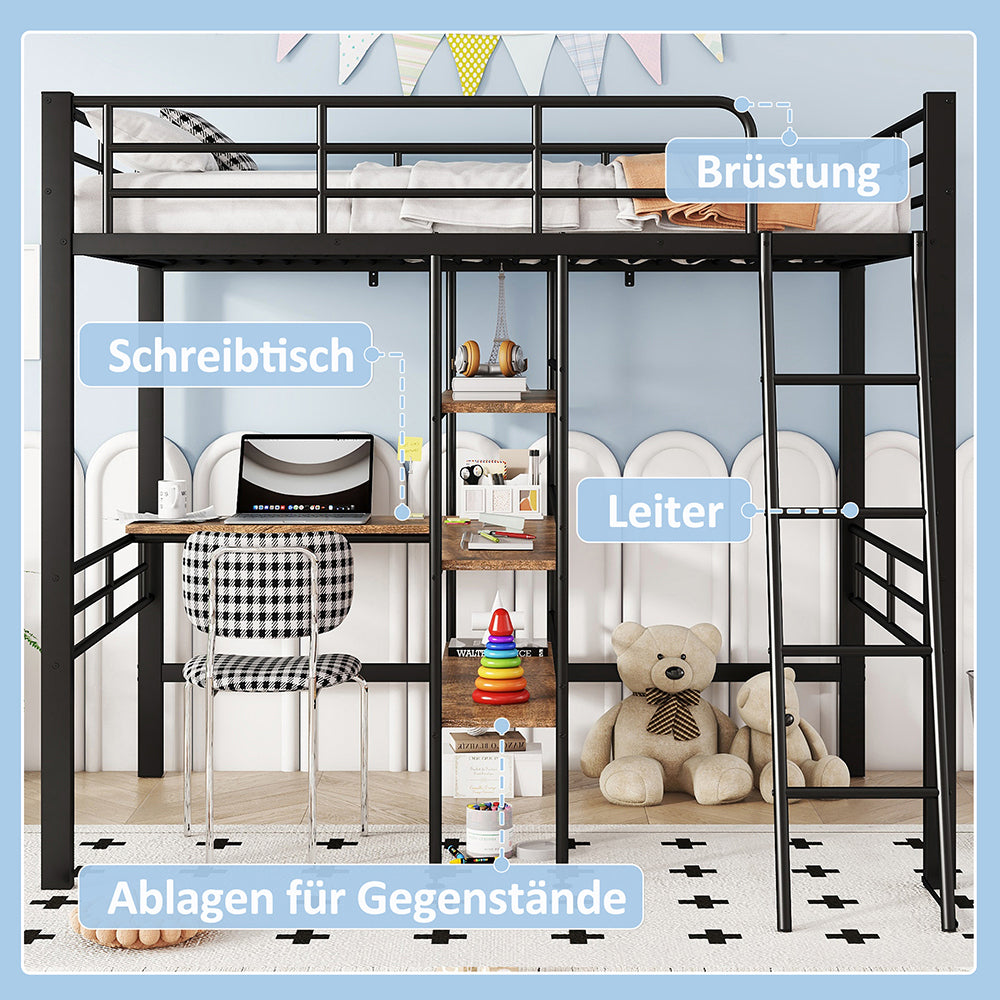 Letto a soppalco con scrivania - Xylo - 90x200 cm - Nero - Scaffali e scala