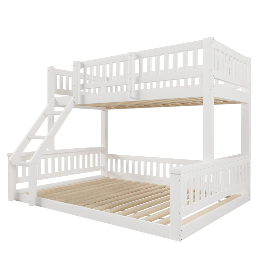 Letto a castello in legno 90x200 cm + 140x200 cm bianco con scala e sponde
