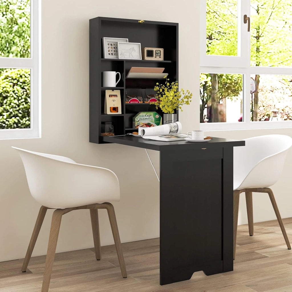 Scrivania da Parete in Legno con 7 Scomparti, Pieghevole, Scrivania per Computer, Studio, Cucina, Soggiorno, 2 Colori