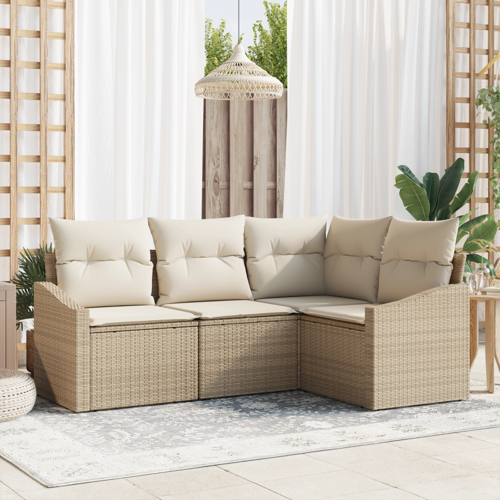 Set da Pranzo da Giardino in 4 Pezzi con Cuscini Beige in Rattan