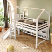 DESMIU Letto per Bambini 1 Posto con Scivolo, Contenitori e Scaffali 90 × 200 cm, senza materasso, Legno Massello e MDF Bianco