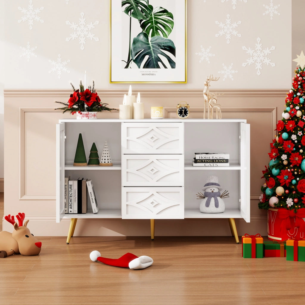 Elegante com¨° con motivo a rombi - Zephmum- 120¡Á40¡Á80 cm- Bianco- 3 cassetti e 2 ante, piedini dorati
