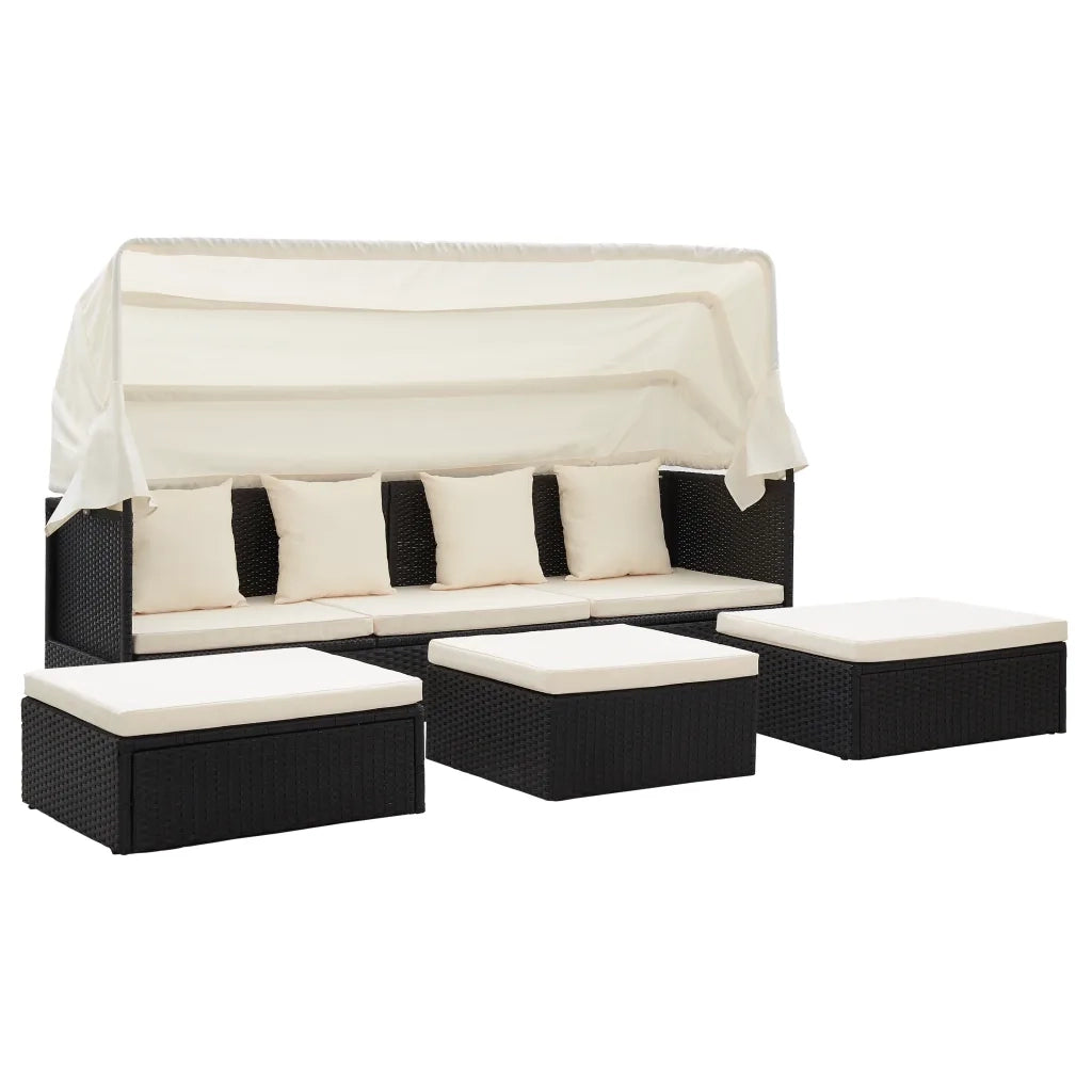 Lettino da Giardino con Tettuccio in Polyrattan Nero 46156