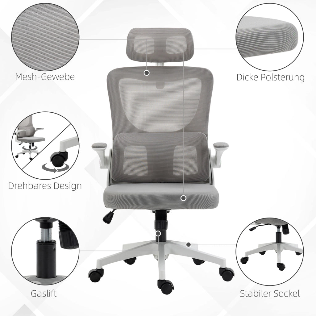 Sedia da ufficio ergonomica con braccioli, poggiatesta, funzione oscillante e supporto lombare in mesh grigio