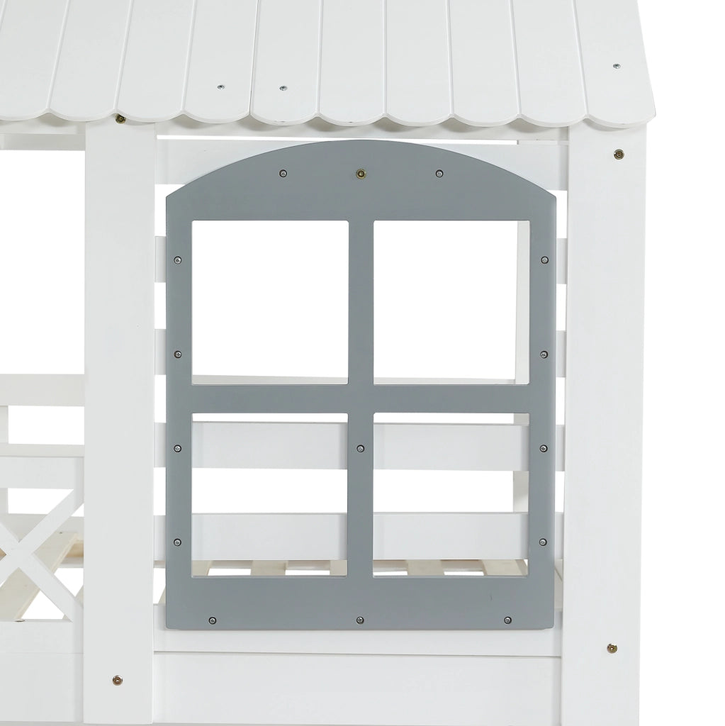 Letto a castello per bambini 90x200 cm con tetto, finestre e scala contenitore