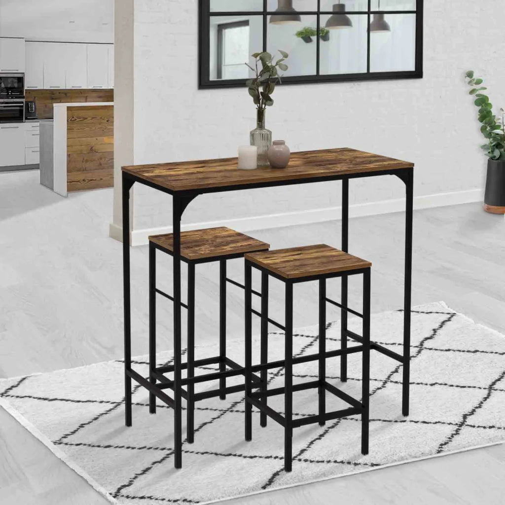 IDMarket - Tavolo da bar e 2 sgabelli DAYTON, alti 95 cm, con effetto anticato, design industriale