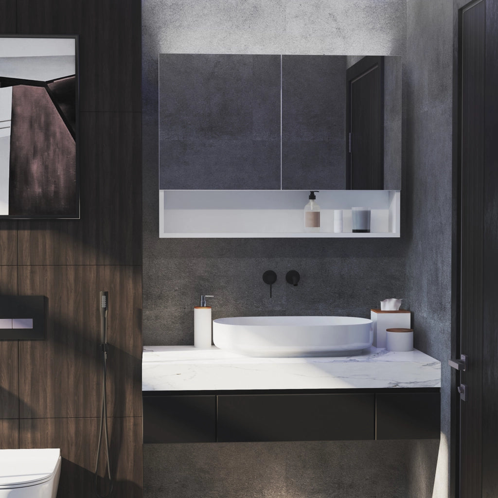 EasyComfort Armadietto con Specchio a Muro, Luci a LED, Ripiano Aperto e Ripiano Interno, 80x15x60cm