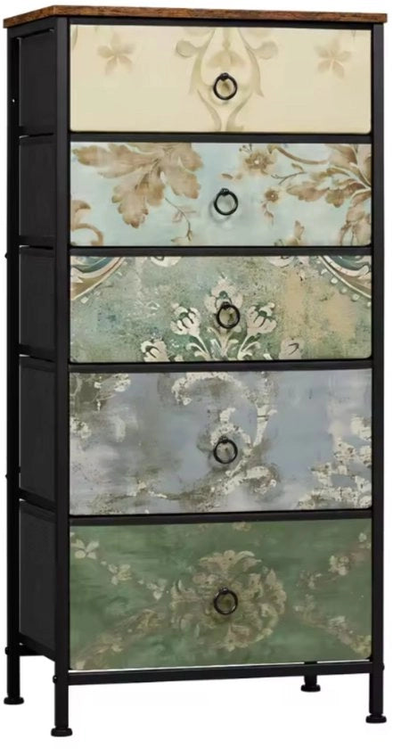 Comodino con 5 Lavello - Comò con Aspetto di Legno Vintage e Struttura in Metallo - Per Camera da Letto, Salotto o Hall - Leggero e Stabile - Comò con Coperchio - 45,5x95,5x30 cm - Motivo Fiorale