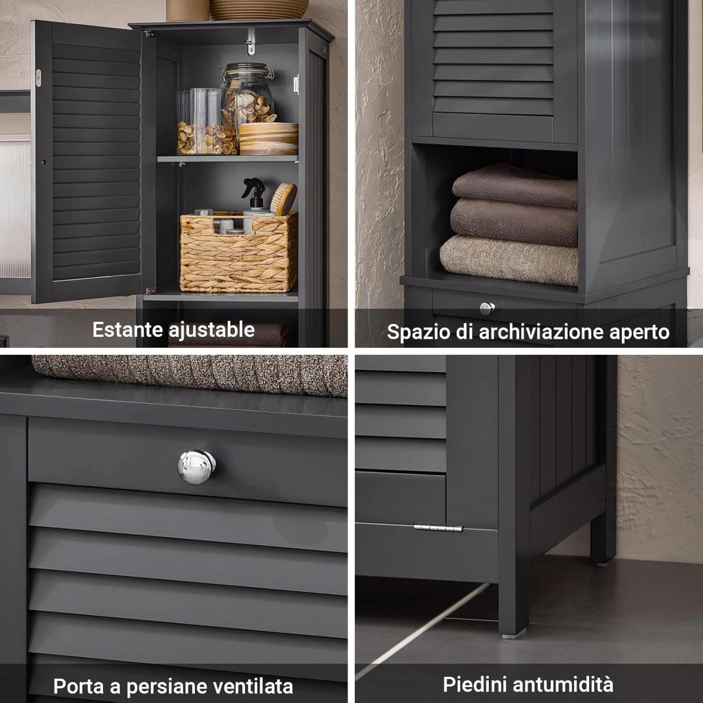 Mobile Bagno Colonna Salvaspazio con Portabiancheria Armadietto Alto e Stretto per Ambienti Compatti, Mobiletto con Ripiani, Mobile Multiuso Grigio 40x170x38 cm BZR124-DG