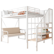Letto a Castello 140x200 cm, 3 Posti - Scala con Contenitore e Divanetto - Bianco