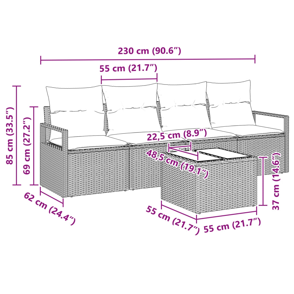 Set Divano da Giardino  5 Pezzi con Cuscini Rattan Nero e Panna