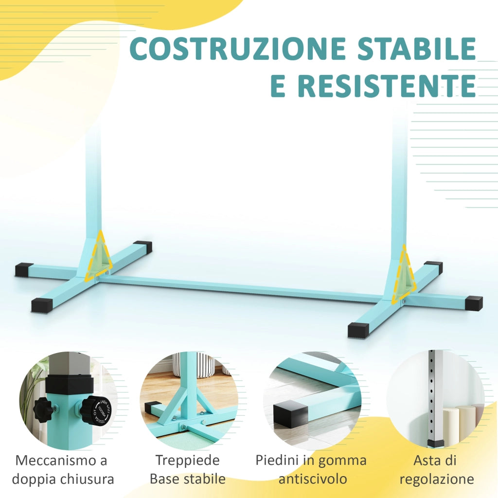 Barra da Ginnastica per Bambini 3+ Anni 194x121x92-150 cm in Acciaio e Legno Massello di Faggio Celeste