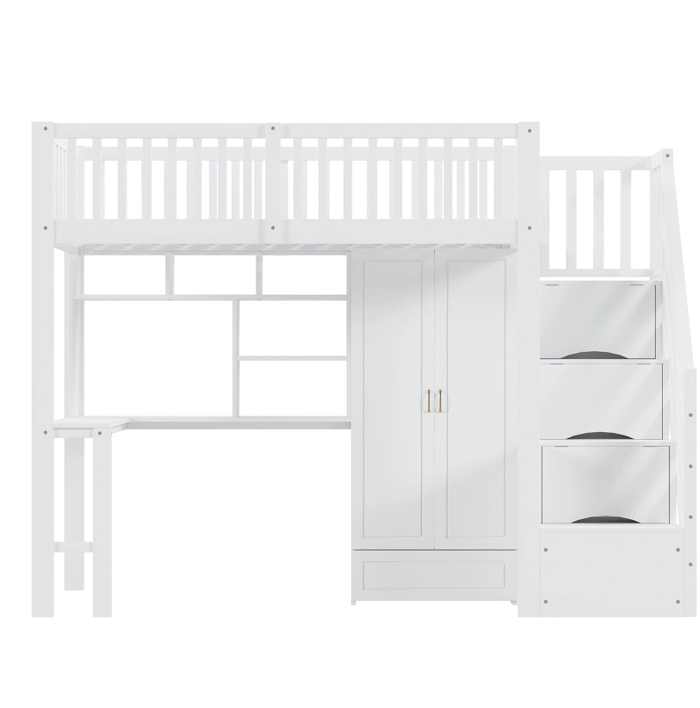 Letto a soppalco 90x200 con armadio, scrivania e scala contenitore
