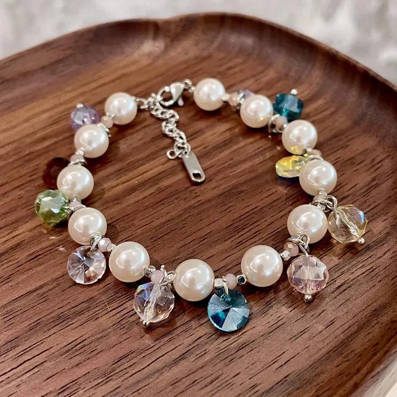 Collana e bracciale fatti a mano con perline colorate, cristalli e perle, regalo di Natale o di compleanno.