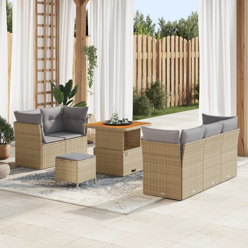 Set di divani da giardino  in 8 pezzi con cuscini beige polyrattan acacia