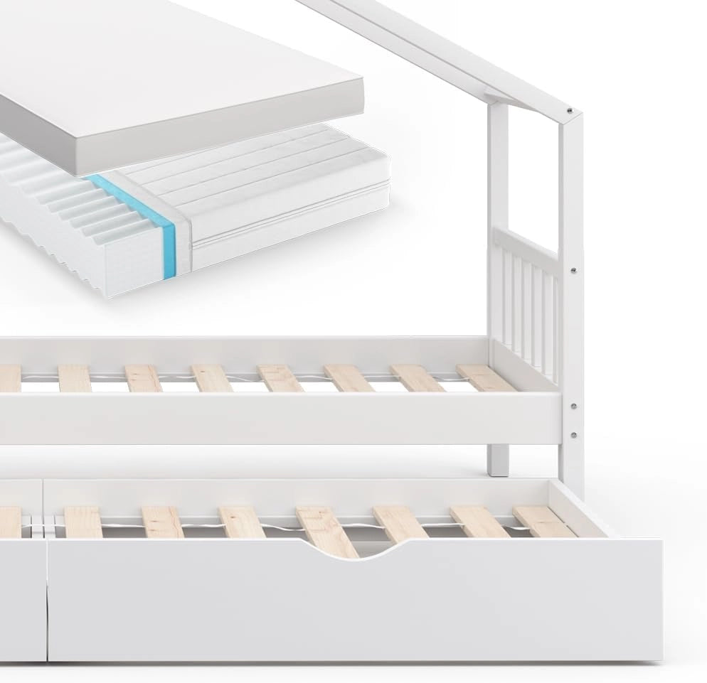 Letto montessori bambini Design, Bianco, 90x200 cm con letto per ospiti e 2 materassi, con sponda anticaduta e rete a doghe per un sonno sicuro