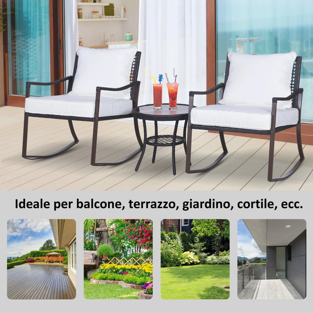Set Salotto da Giardino in Rattan Sintetico 2 Poltrone a Dondolo e Tavolino Marrone