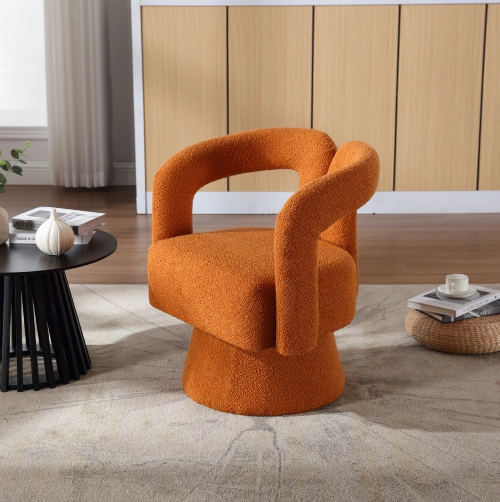 Poltrona girevole 360° in bouclé arancione; 67x55x74 cm; con base in metallo