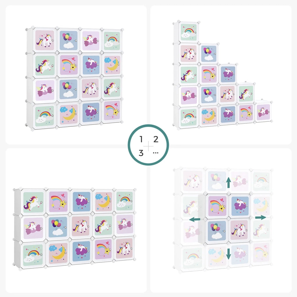 Mobile contenitore per bambini con 16 cubi modulari armadio con ante ripiani in plastica per giocattoli vestiti scarpe cartelle scolastiche 123 x 31 x 123 cm bianco 12_0006519