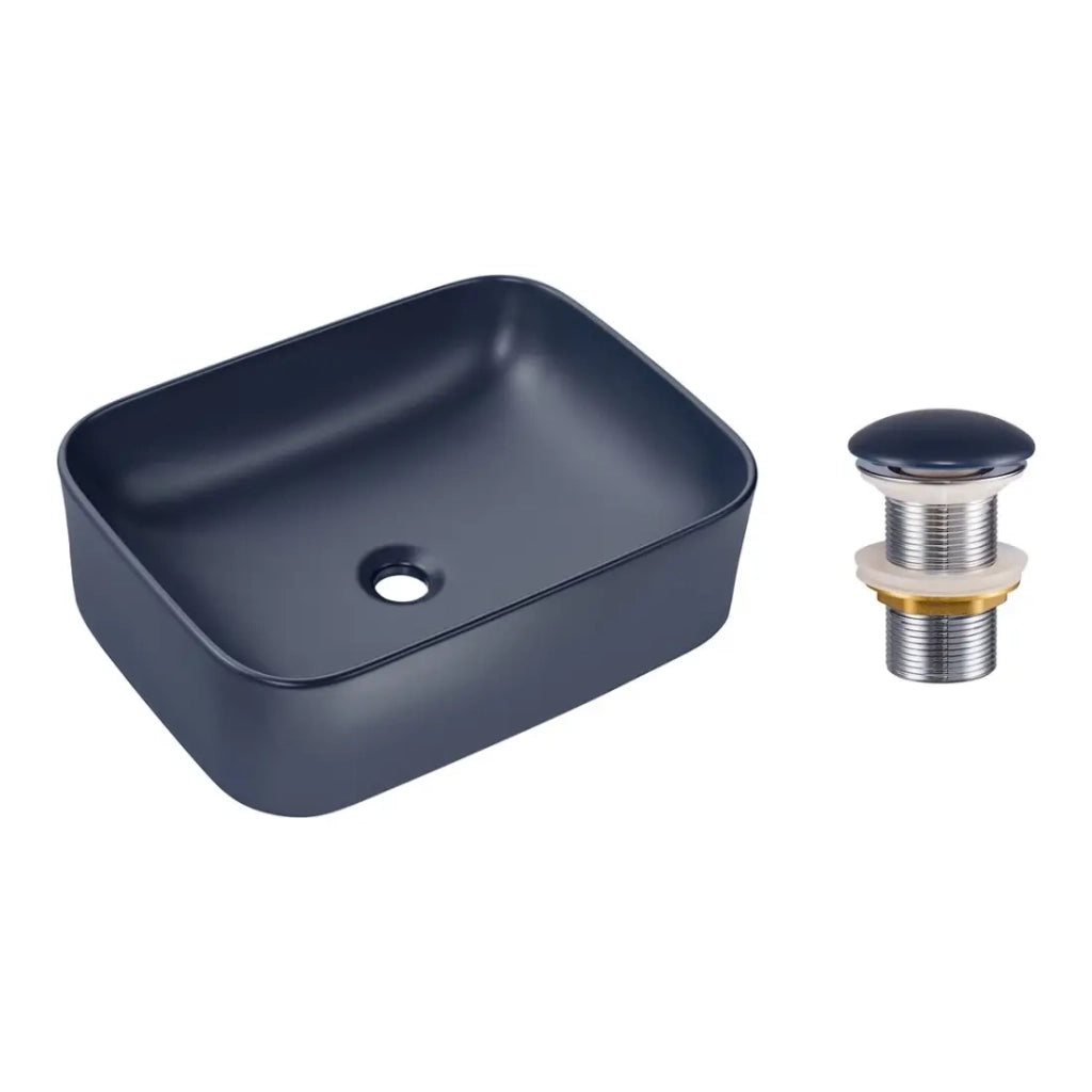 Lavabo da appoggio rettangolare 50,5x38 cm blu navy opaco con piletta click clack