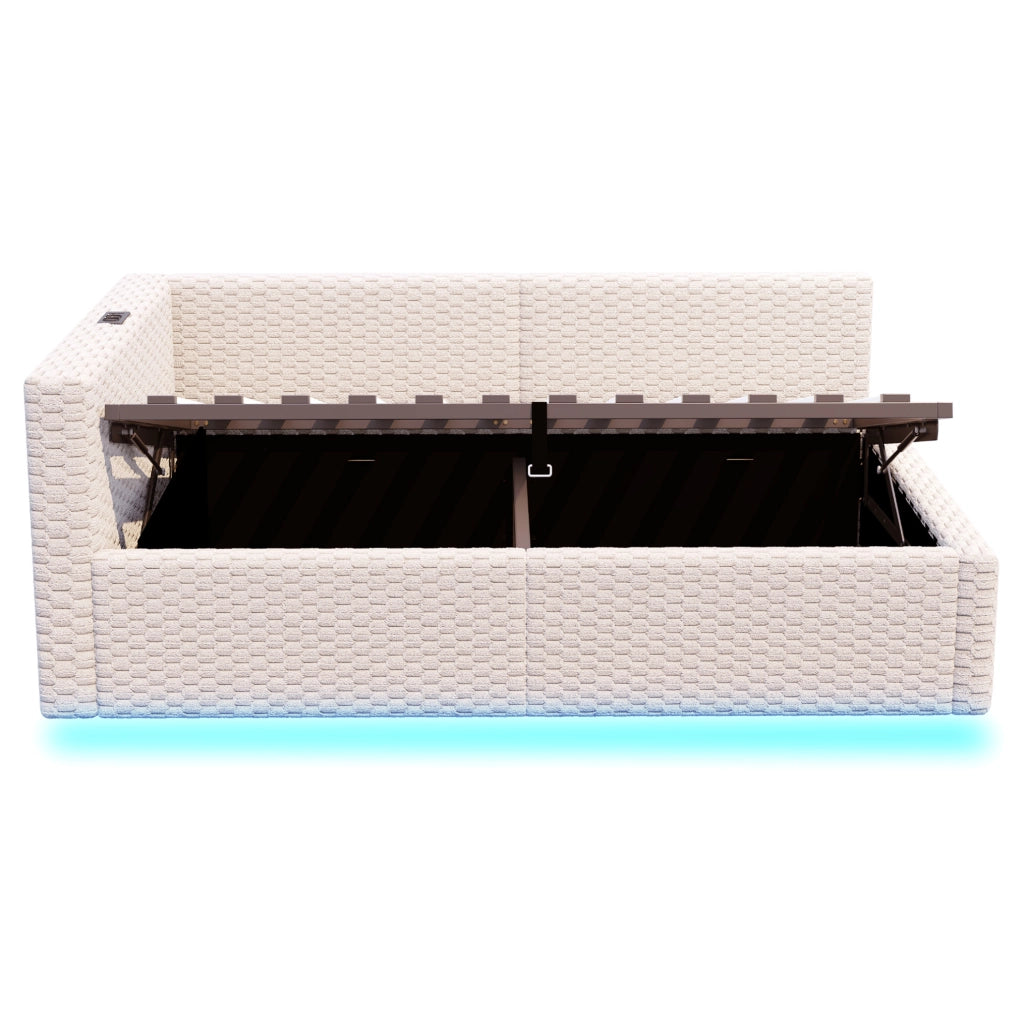 Letto imbottito singolo ULEVR 90x200 cm con contenitore idraulico, LED, 2 USB e Type-C, velluto beige