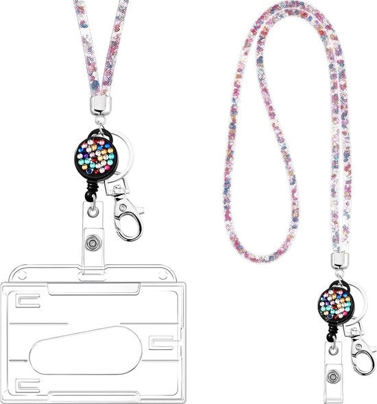 Lanyard con catena e badge ID trasparente con strass e decorazioni per chiavi e badge (colorato)