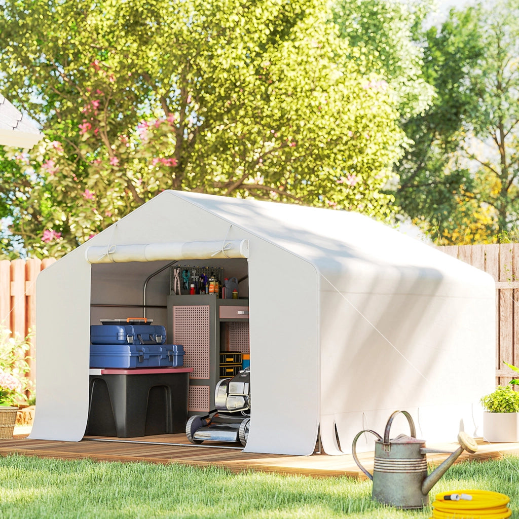 Capanno da Giardino e Tenda Garage 3x3 m Impermeabile con Porta Avvolgibile in Metallo e PE Bianco