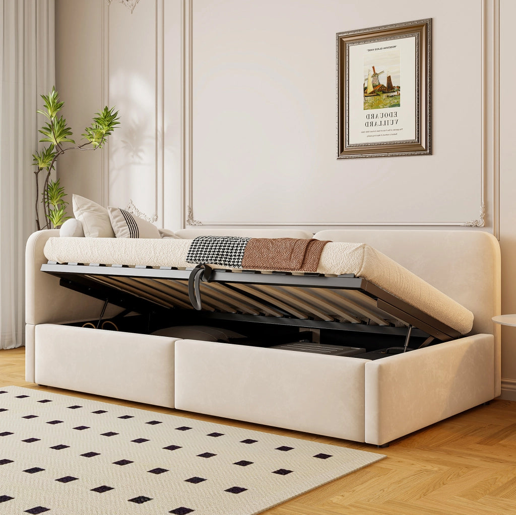 Letto divano imbottito 90x200 in tessuto beige con vano contenitore