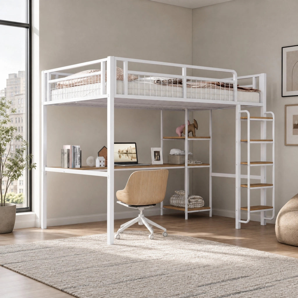 DESMIU Letto a soppalco matrimoniale con scrivania, scaffali e scala di sicurezza 140 × 200 cm, senza materasso