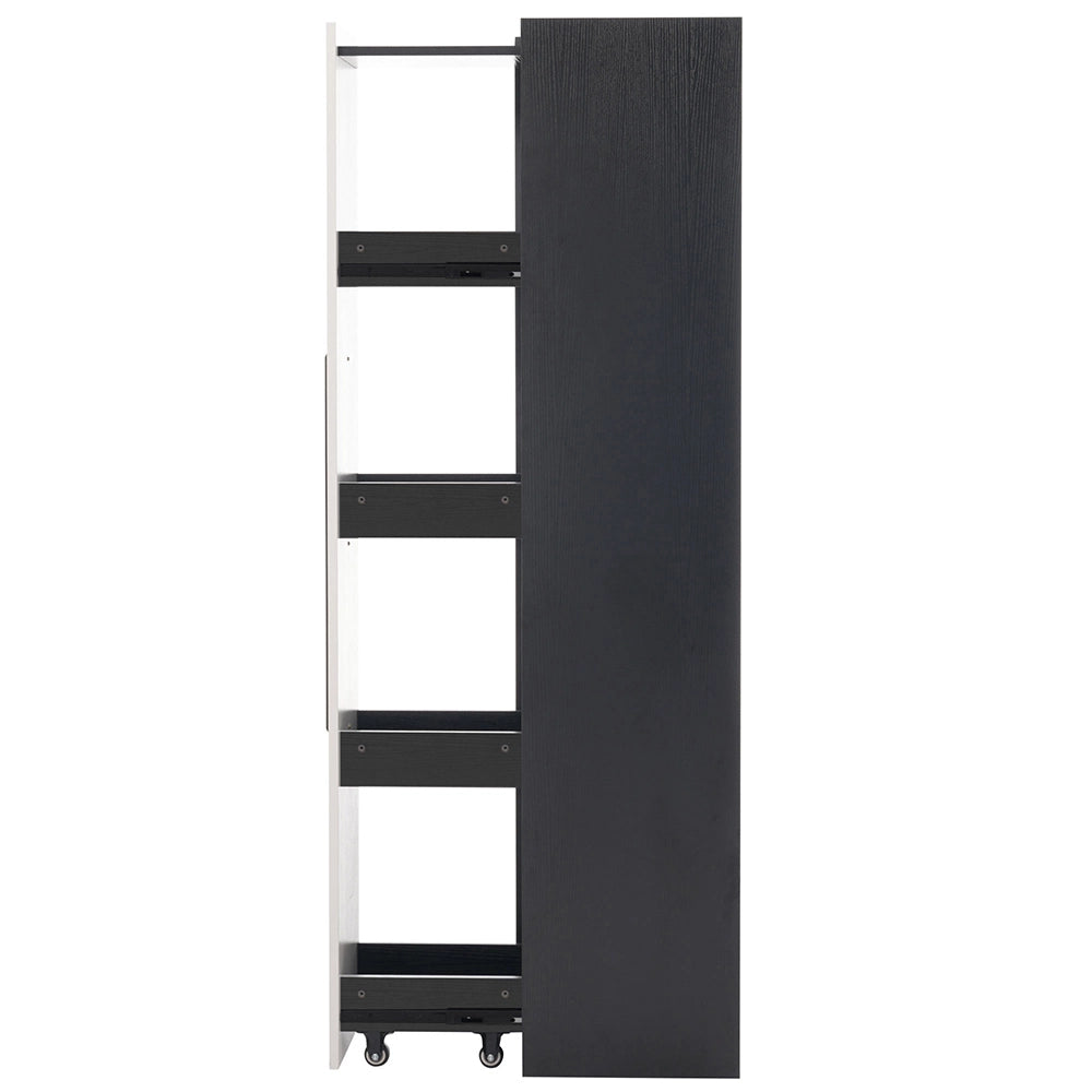 Armadio multifunzionale - Xylo - 110,5x35x160cm - Bianco e nero - Vetrina con porta in vetro e LED, cassetto scorrevole, ruote