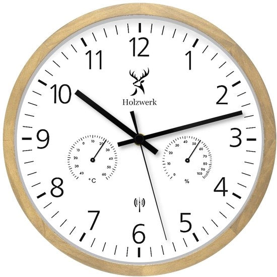 Orologio radiografico con indicazione della temperatura e umidità, orologio a muro in legno di betulla con maniglie in legno di betulla, 30 cm, senza tic, in legno di betulla massiccio, finitura in legno di betulla.