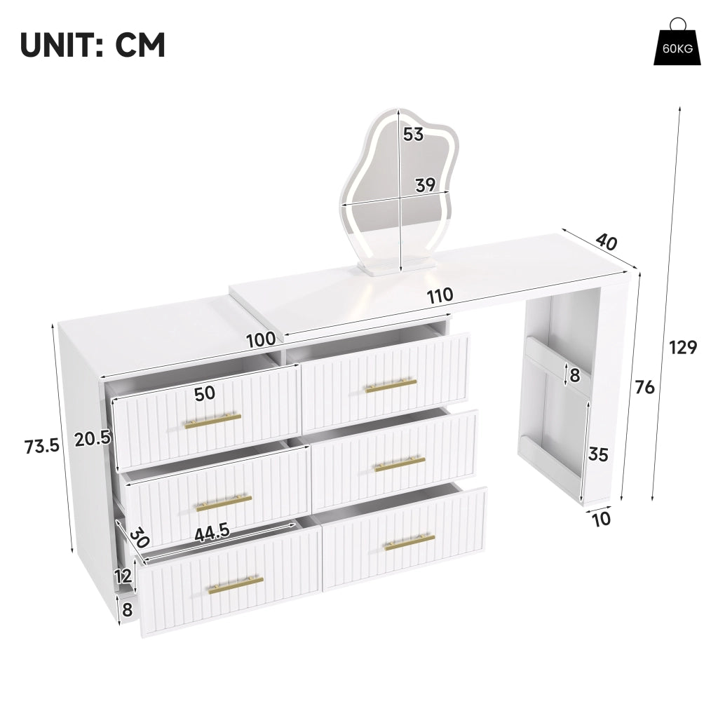 Toeletta girevole con specchio LED, design a L, bianco e oro, 110¡Á40¡Á129 cm