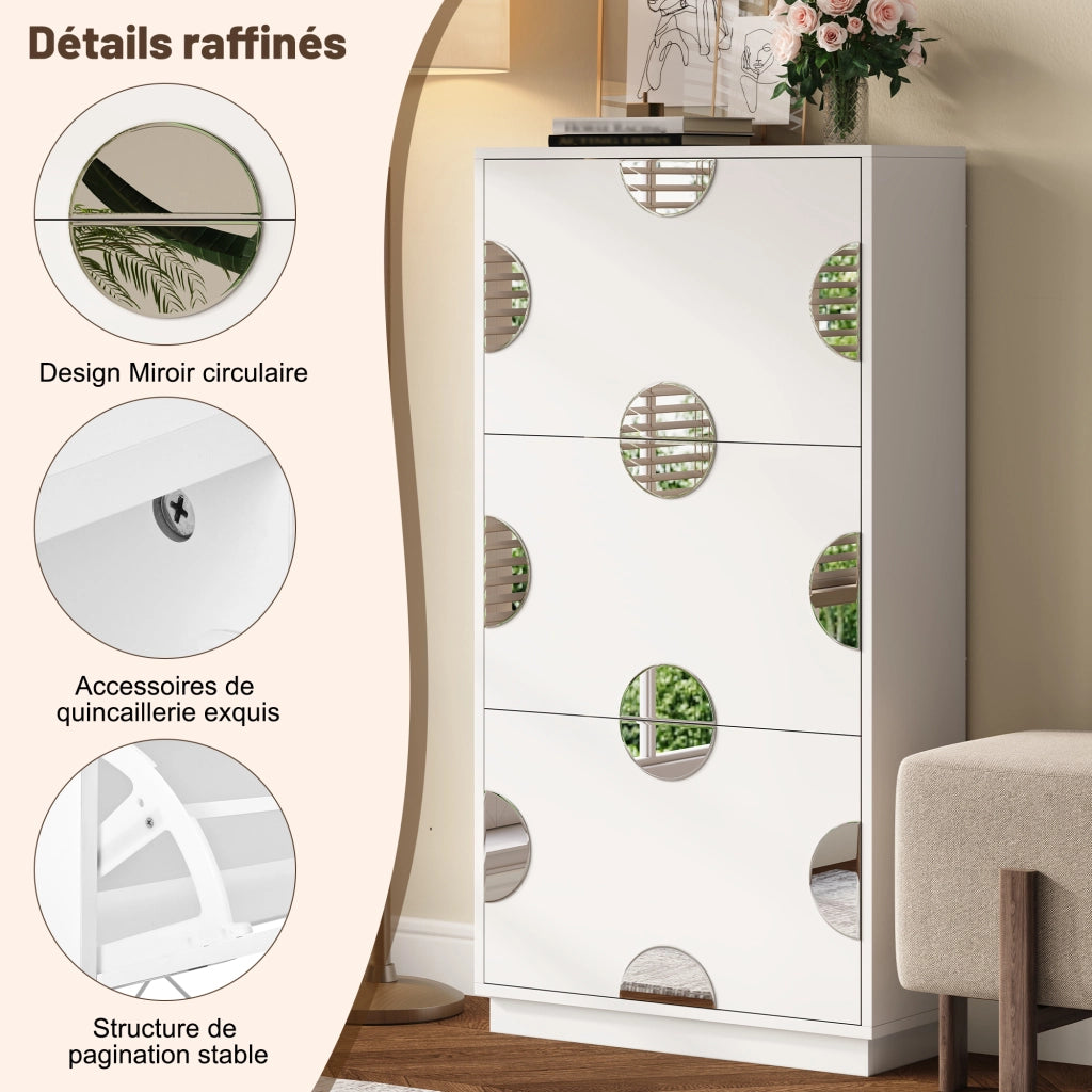 Scarpiera con 3 Ante a Ribalta e Specchio Rotondo; Struttura Verticale Salvaspazio; in MDF; 63×24×120 cm; Bianco