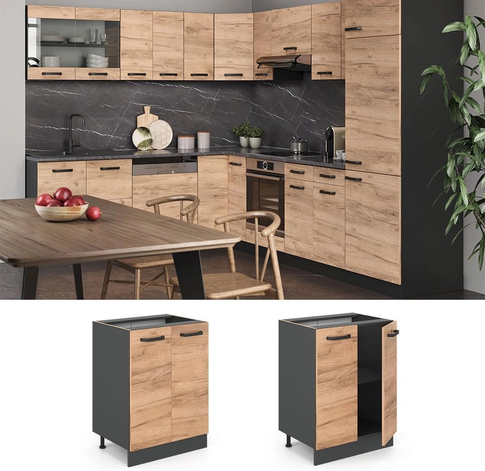 Mobiletto base cucina R-line, Quercia dorata/Antracite, 60 cm senza piano di lavoro