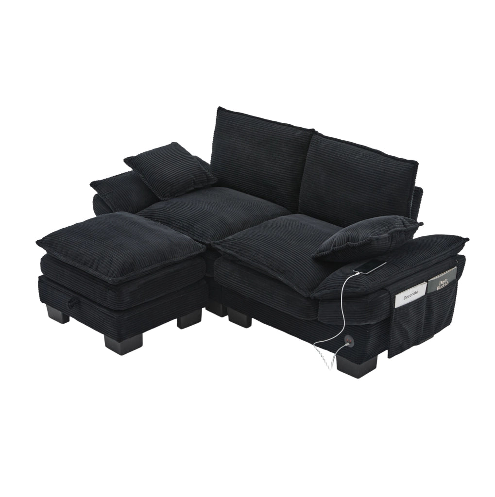 Divano 2 posti con pouf in corduroy nero; USB-C; tasche laterali e vano contenitore 190x132x84 cm