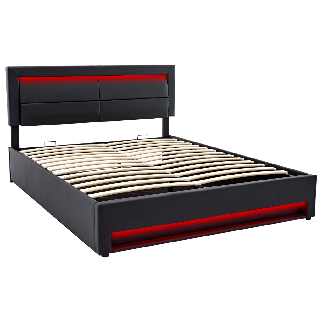 Letti contenitori 140x190 cm; USB; LED e contenitore; PU; nero (Senza materasso)