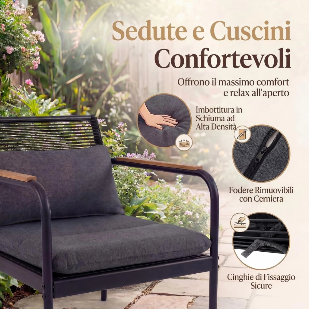 Set Salotto da Giardino 4 Pezzi in Rattan PE, Tavolo da Giardino con 2 Poltrone e Divano a 2 Posti, Set Mobili da Esterno con Struttura in Metallo e Cuscini Imbottiti, per Balcone e Patio