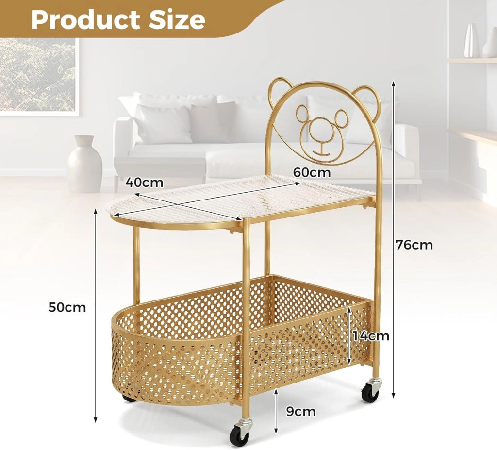 Tavolino a 2 ripiani, con 4 ruote, carrello da portata con cesto portaoggetti e piano in vetro temperato, tavolino da caffè per camera da letto, sala da pranzo, soggiorno (oro)